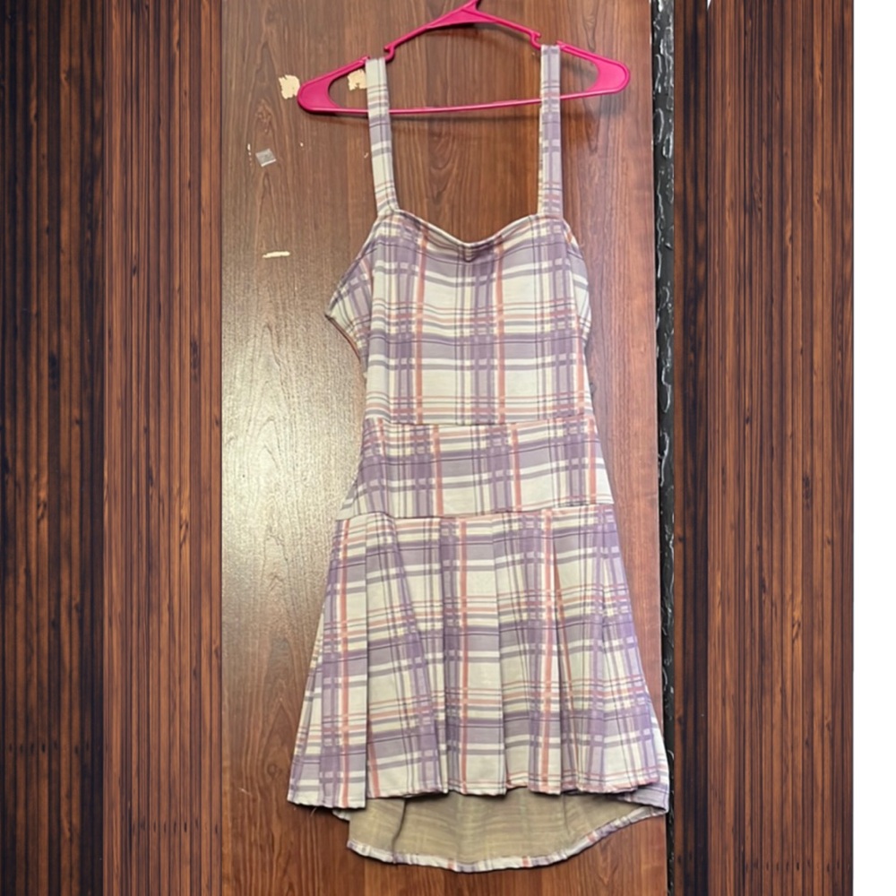 Plaid Pleated Purple & Tan Tie-back dress
